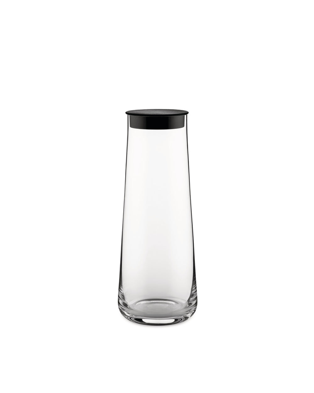 Clear glass pitcher by Alessi with a sleek black lid, standing upright.