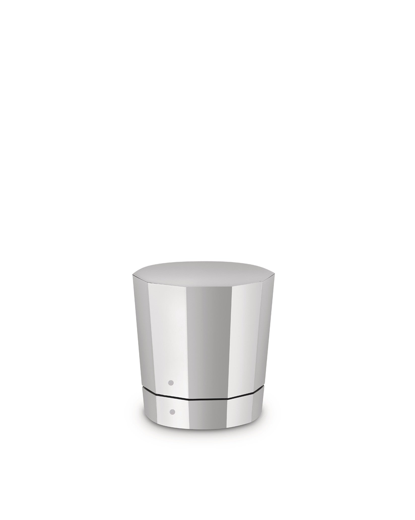 Silver metallic faceted stopper by Alessi with a black dividing line and two small dots.