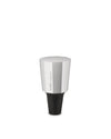 Silver and black hexagonal stopper by Alessi with a black conical base and engraved text.