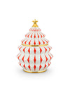 White Christmas tree-shaped container by Alessi, adorned with red diamond patterns, gold trim, and a gold star topper.