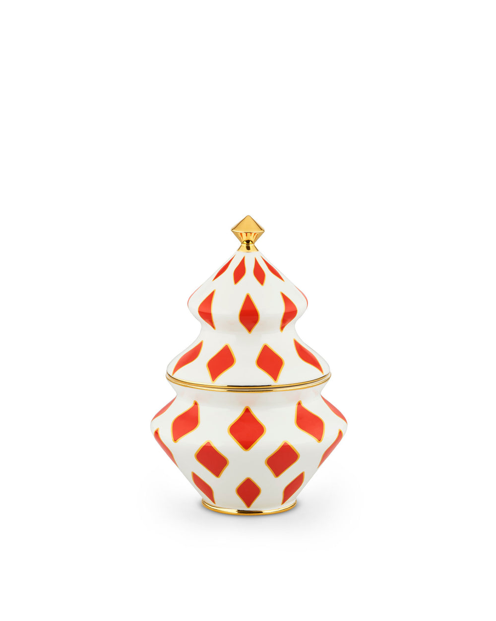 A white Christmas decorative container by Alessi, featuring red diamond patterns, gold trim, and a gold finial, shaped like a stylized tree.