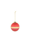 Red and white striped Christmas ornament by Alessi, with a gold band and cap, hanging from a gold chain.