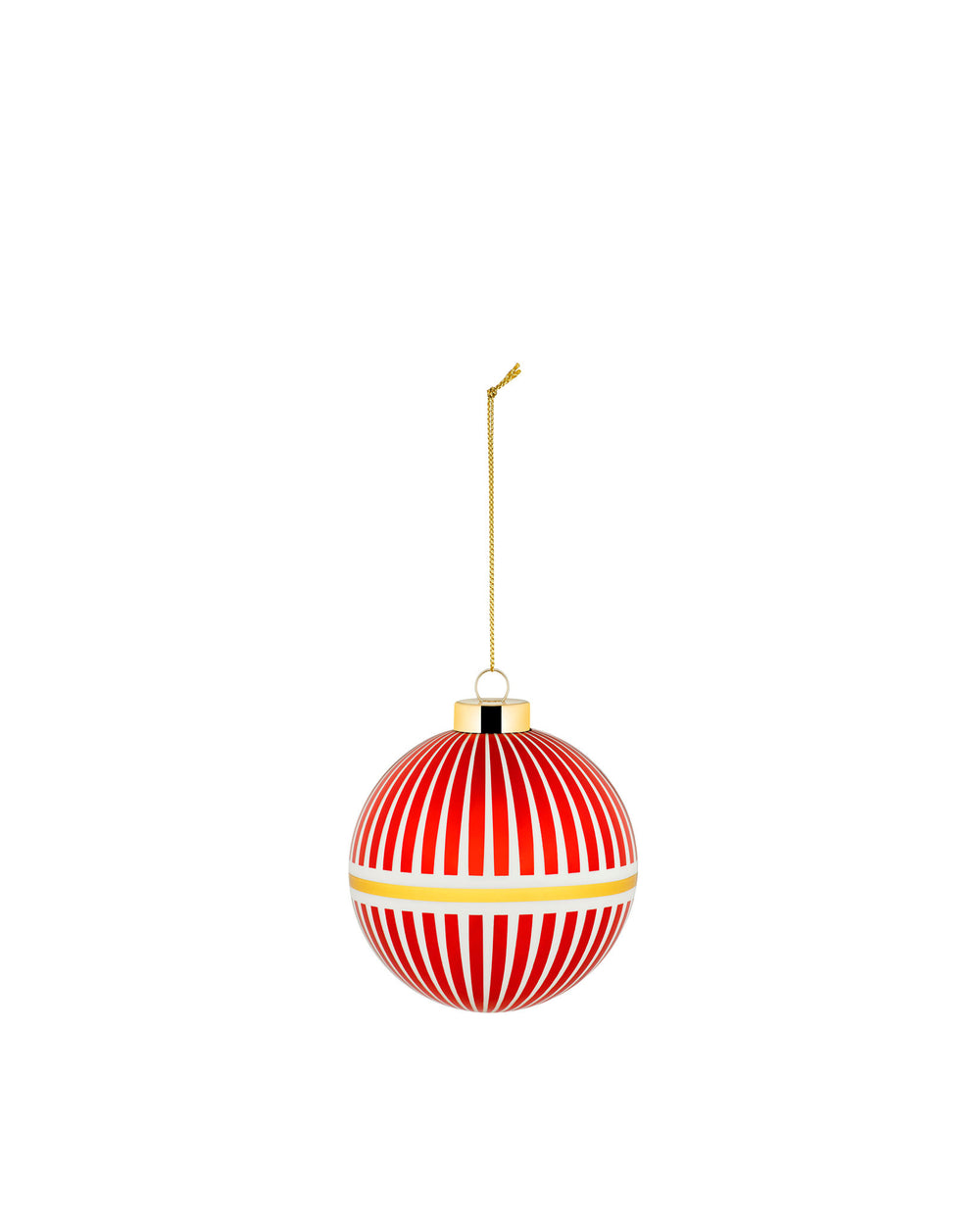 Red and white striped Christmas ornament by Alessi, with a gold band and cap, hanging from a gold chain.