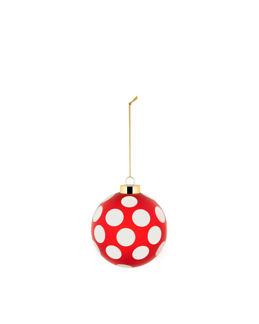 Red and white polka dot Christmas tree ornament by Alessi with a gold cap and hanging chain.