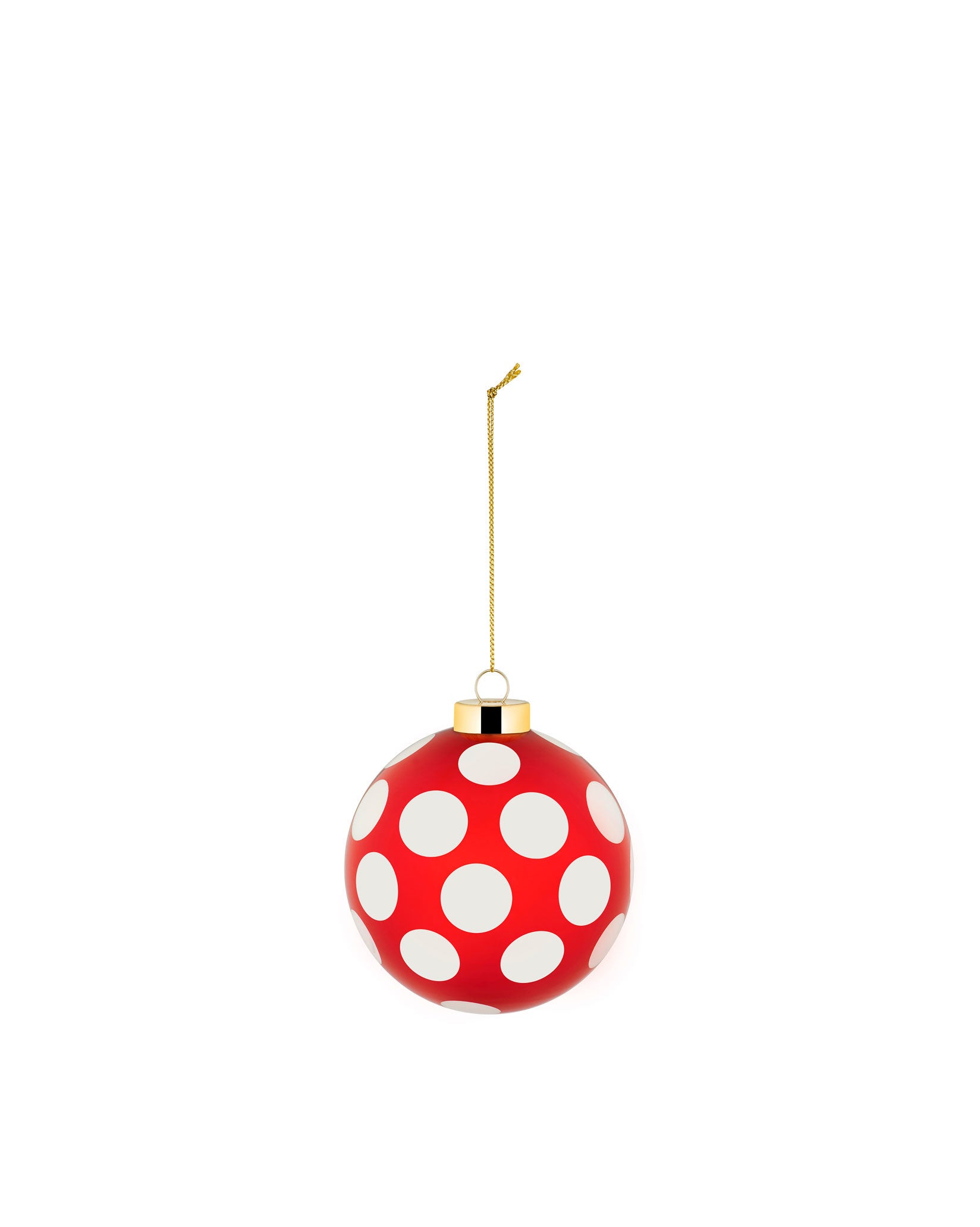 Red and white polka dot Christmas tree ornament by Alessi with a gold cap and hanging chain.