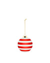 Round red and white striped Christmas tree ornament by Alessi with a gold cap and chain hanger.