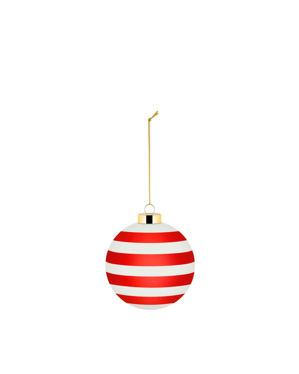 Round red and white striped Christmas tree ornament by Alessi with a gold cap and chain hanger.