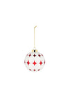 White Christmas tree ornament by Alessi with red star pattern and gold hanging chain.