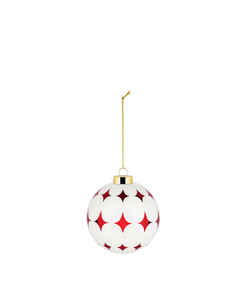 White Christmas tree ornament by Alessi with red star pattern and gold hanging chain.