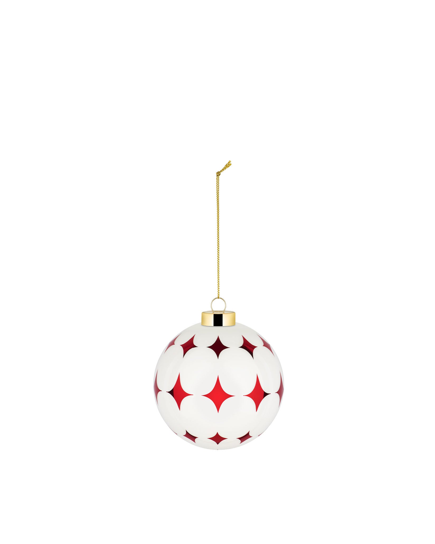 White Christmas tree ornament by Alessi with red star pattern and gold hanging chain.