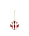 Red and white Christmas tree ornament by Alessi with a diamond harlequin pattern, gold cap, and chain.