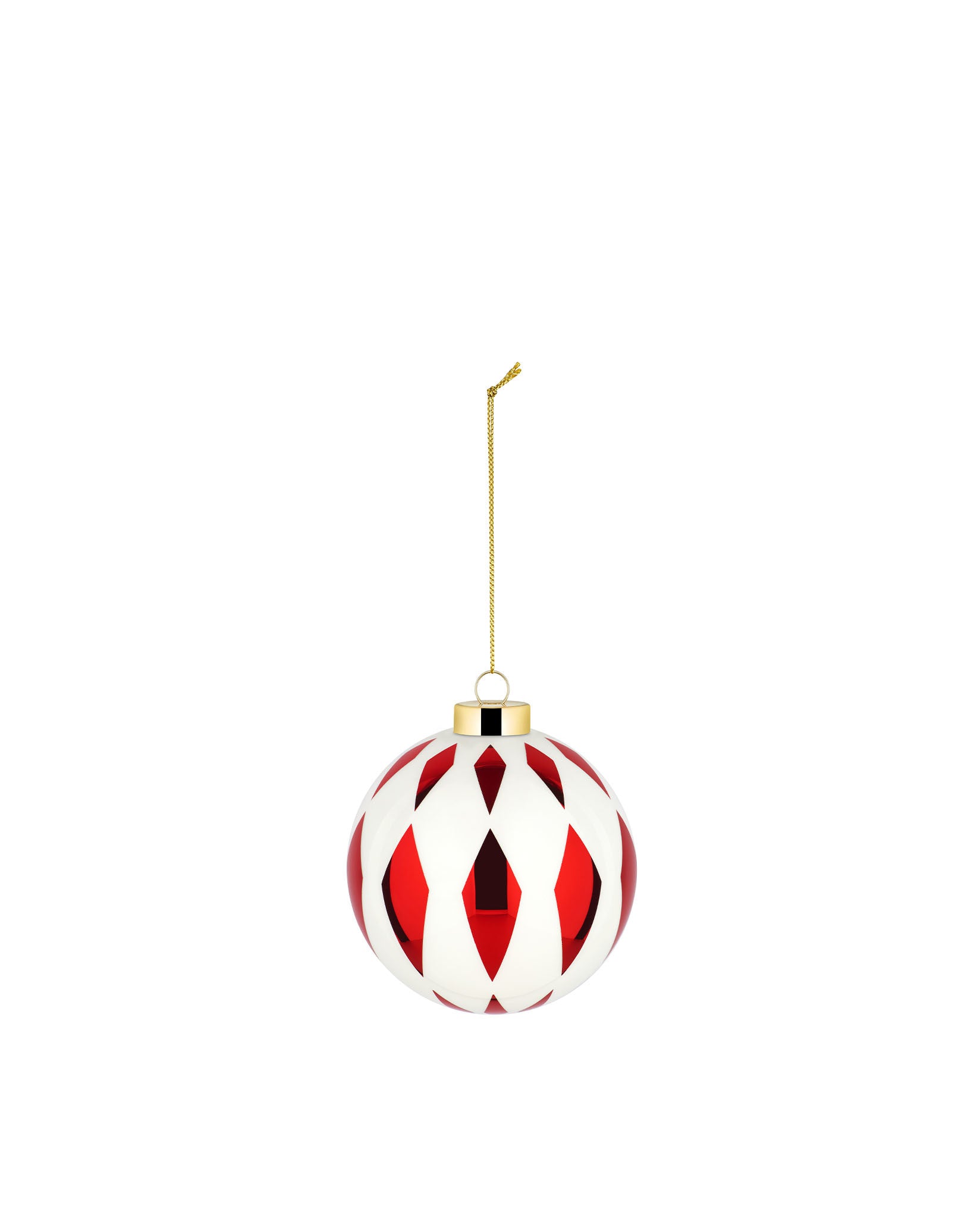 Red and white Christmas tree ornament by Alessi with a diamond harlequin pattern, gold cap, and chain.