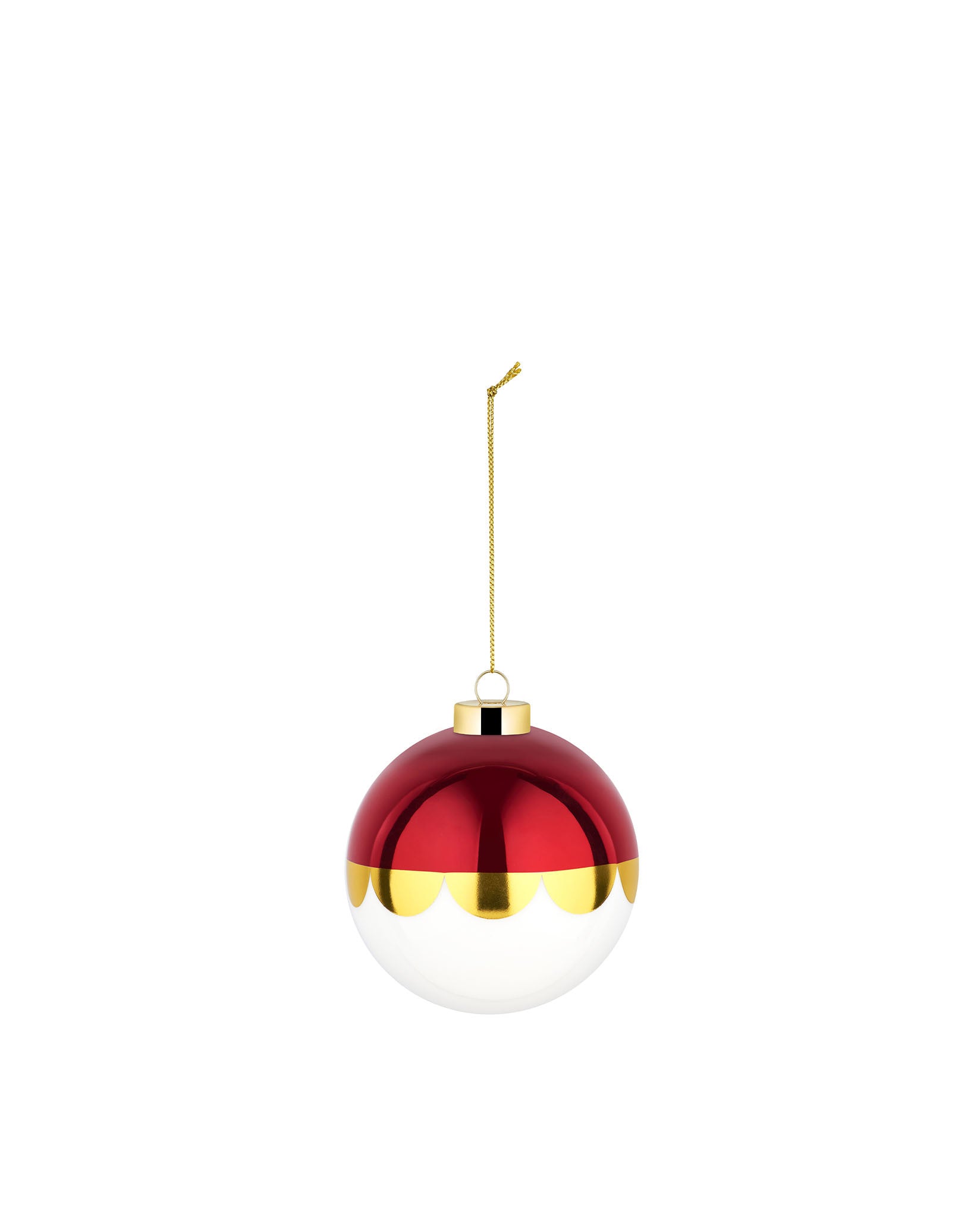 Red and white glass Christmas tree ornament by Alessi, with a scalloped gold band, glossy red top, and white bottom, suspended by a gold chain.