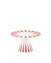White cake stand by Alessi, with red radial stripes and gold stars on the top, and red vertical stripes on the base.