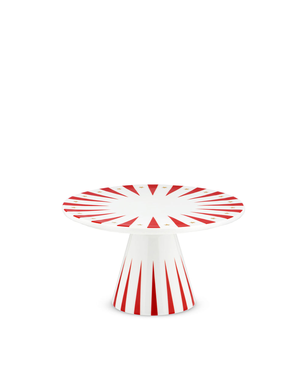White cake stand by Alessi, with red radial stripes and gold stars on the top, and red vertical stripes on the base.