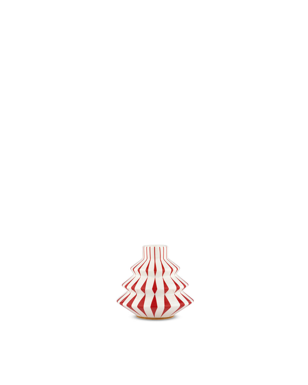 Red and white glazed candlestick by Alessi, shaped like a tiered Christmas tree with vertical and diamond stripes.