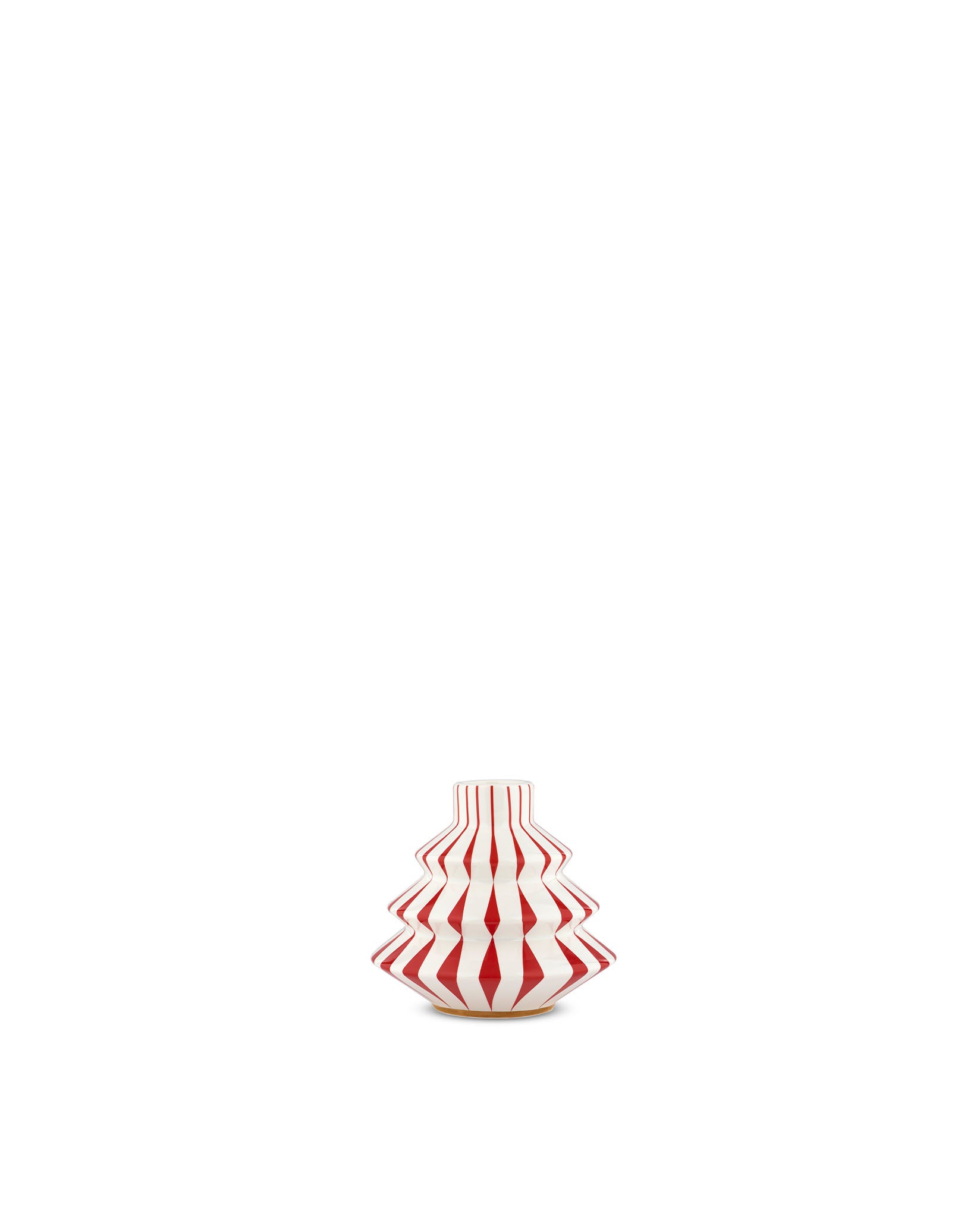 Red and white glazed candlestick by Alessi, shaped like a tiered Christmas tree with vertical and diamond stripes.