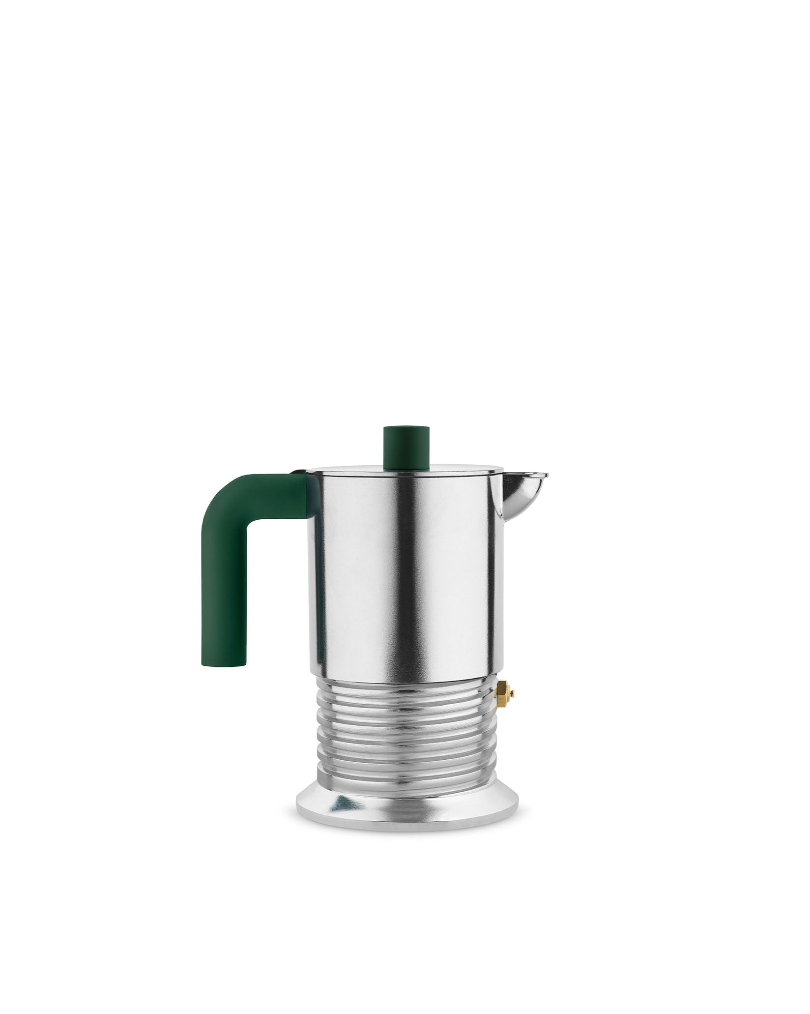 Silver metallic espresso coffee maker by Alessi, with a dark green handle and lid knob, featuring ribbed detailing.