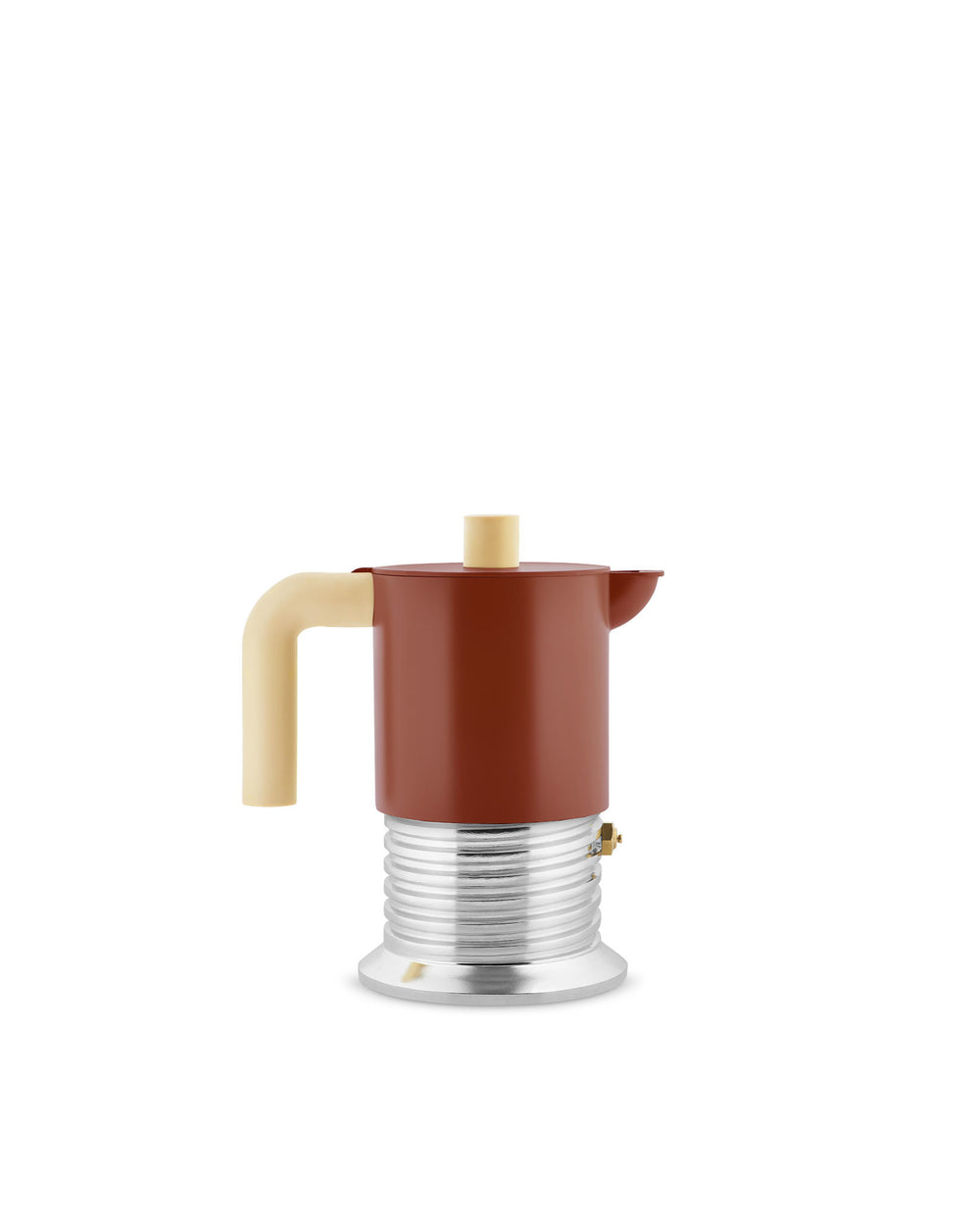 A two-tone espresso coffee maker with a reddish-brown top and cream handle by Alessi, featuring a silver ribbed base.