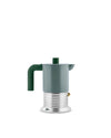 Light green and silver espresso coffee maker by Alessi, with a dark green handle, lid knob, and ribbed metallic base.