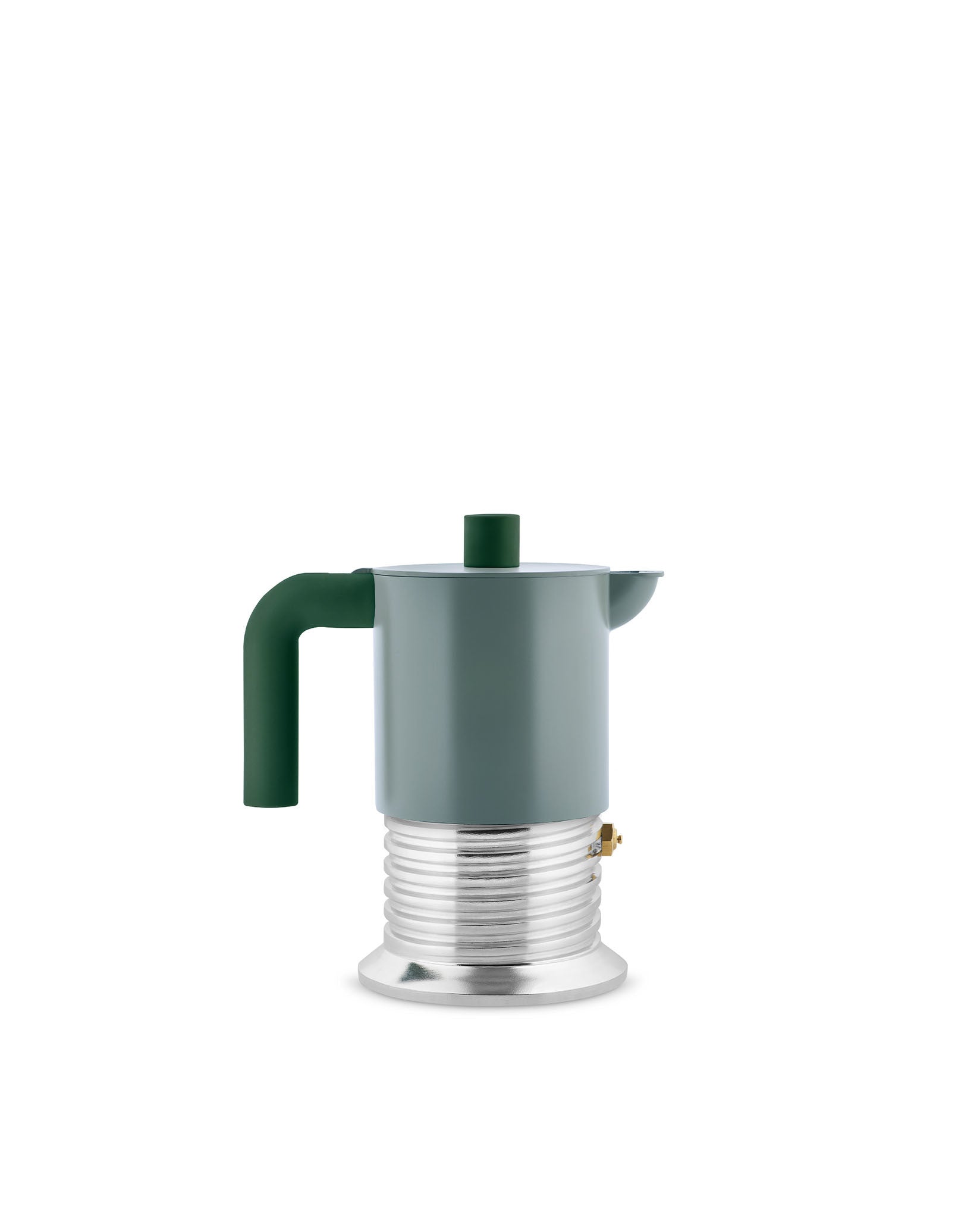 Light green and silver espresso coffee maker by Alessi, with a dark green handle, lid knob, and ribbed metallic base.