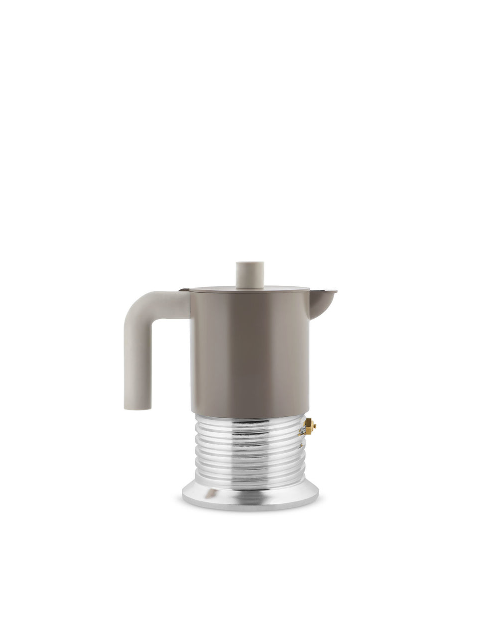 Taupe espresso coffee maker by Alessi with a ribbed metallic base and a small brass pressure valve, isolated on white.