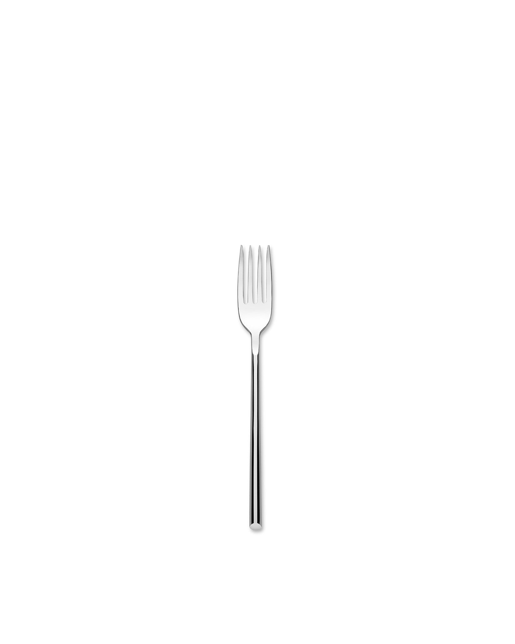 Silver dessert fork by Alessi with a sleek, polished design and four tines, centered on a white background.