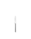Silver metallic dessert knife by Alessi, standing upright with a polished finish and sleek design.