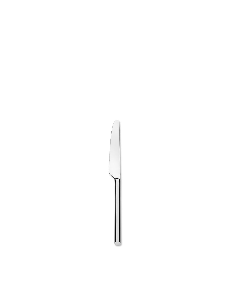 Silver metallic dessert knife by Alessi, standing upright with a polished finish and sleek design.