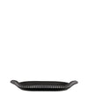 Black oval grill pan by Alessi with a perforated surface and small side handles.