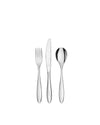Silver table fork by Alessi, positioned vertically alongside a matching knife and spoon.