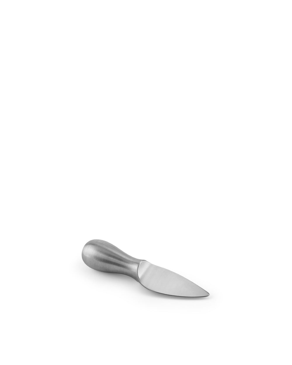 Small brushed stainless steel knife by Alessi, with a short, wide blade and a sleek, rounded handle, lying on a white surface.