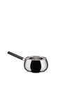 Polished stainless steel fondue pot by Alessi with a black handle and a removable top insert.