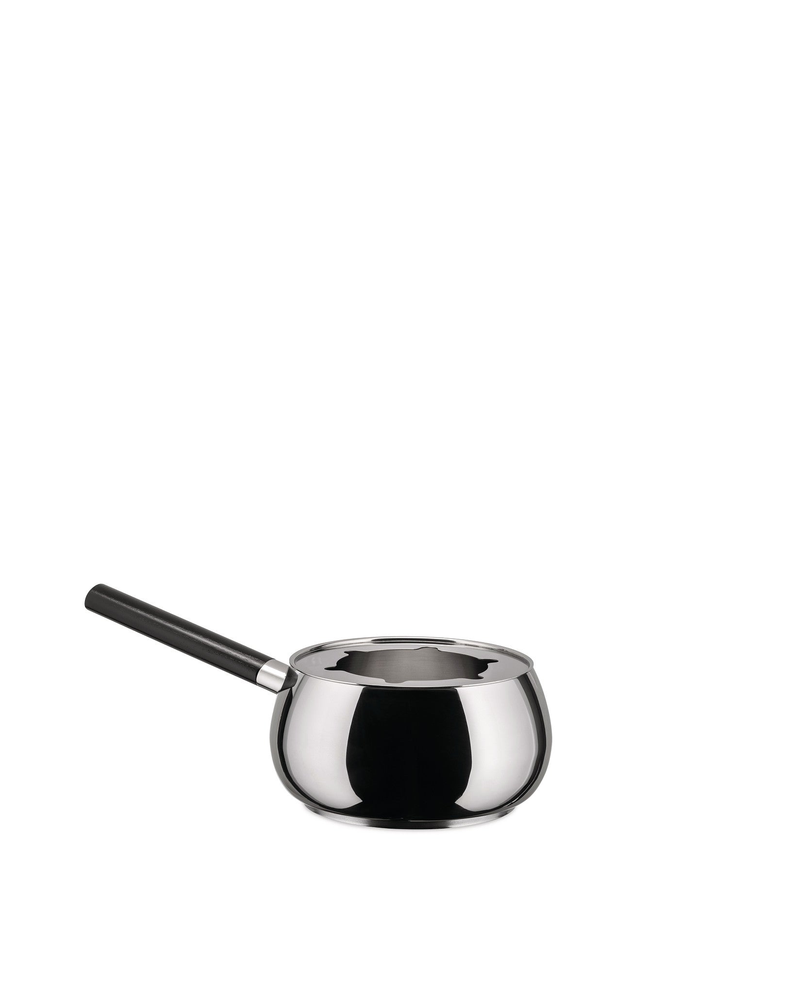 Polished stainless steel fondue pot by Alessi with a black handle and a removable top insert.