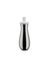 Polished stainless steel oil cruet with a white top by Alessi, featuring a curvaceous body and subtle reflection.