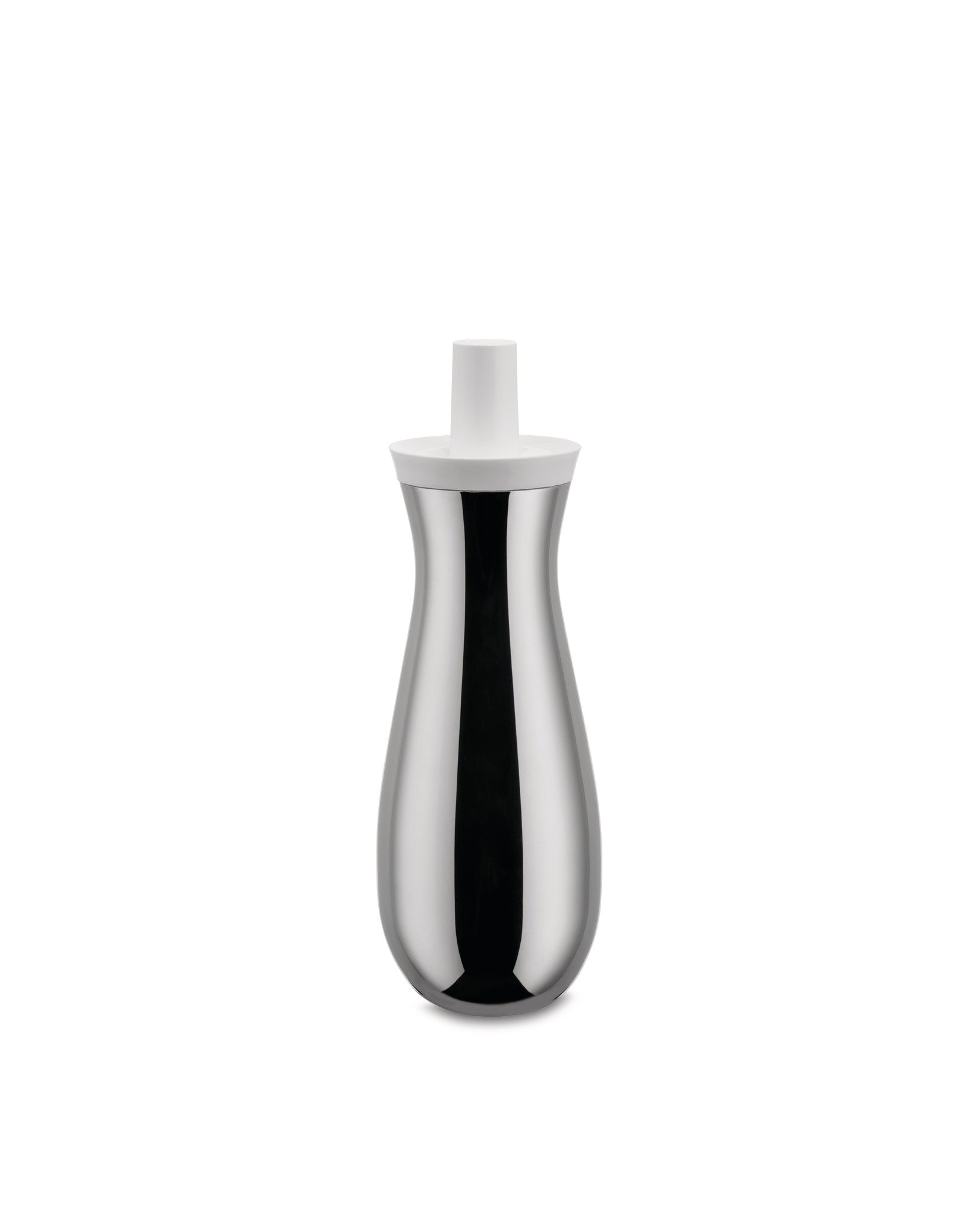 Polished stainless steel oil cruet with a white top by Alessi, featuring a curvaceous body and subtle reflection.
