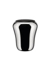 Chrome laundry basket by Alessi with a black lid and reflective, rounded form.
