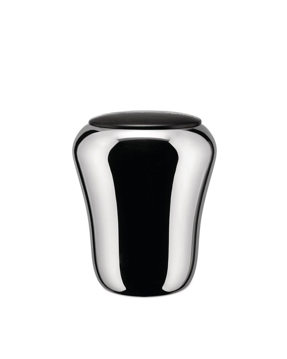 Chrome laundry basket by Alessi with a black lid and reflective, rounded form.