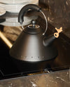 Matte black conical kettle by Alessi with a bird-shaped whistle and studded base, on an induction cooktop.