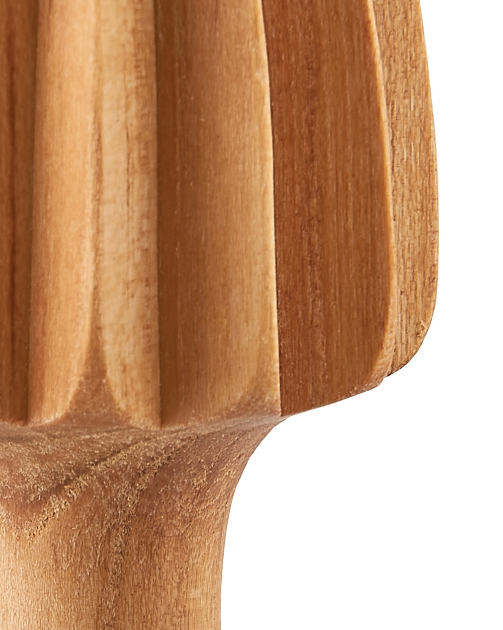 Wooden citrus squeezer by Alessi with ribbed reamer and smooth stem, cropped close-up.