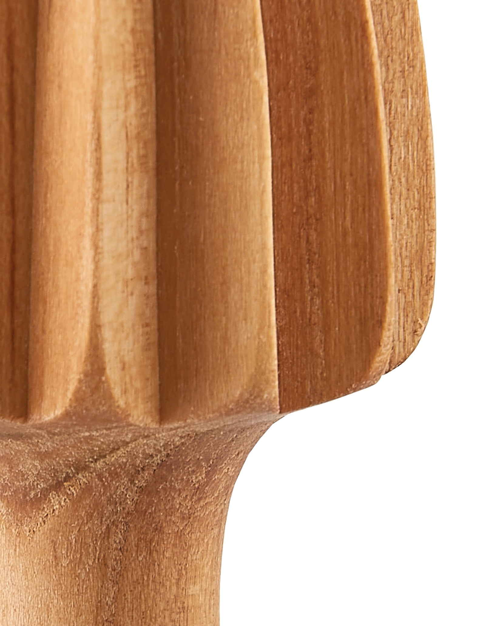 Wooden citrus squeezer by Alessi with ribbed reamer and smooth stem, cropped close-up.