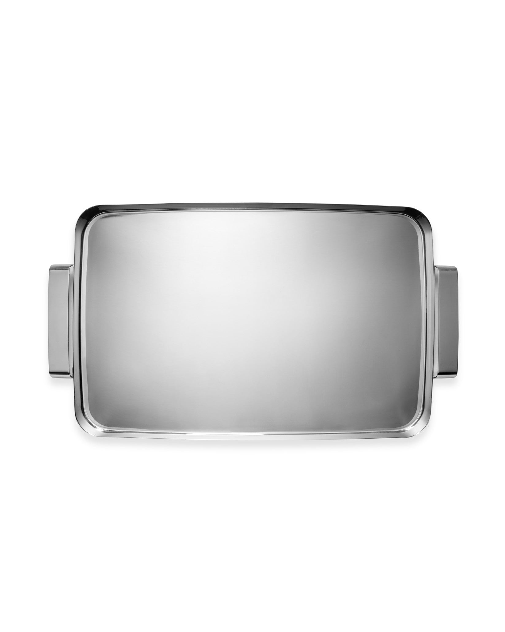 A silver rectangular tray by Alessi, with rounded corners and integrated handles, shown from a top-down view.