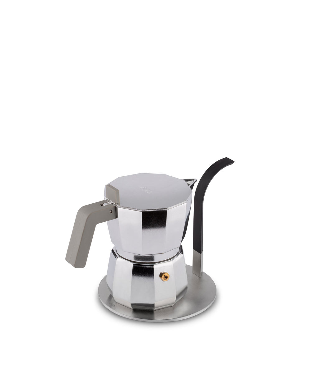 Silver hexagonal stovetop espresso maker by Alessi with a grey handle and a black vertical support on a round base.