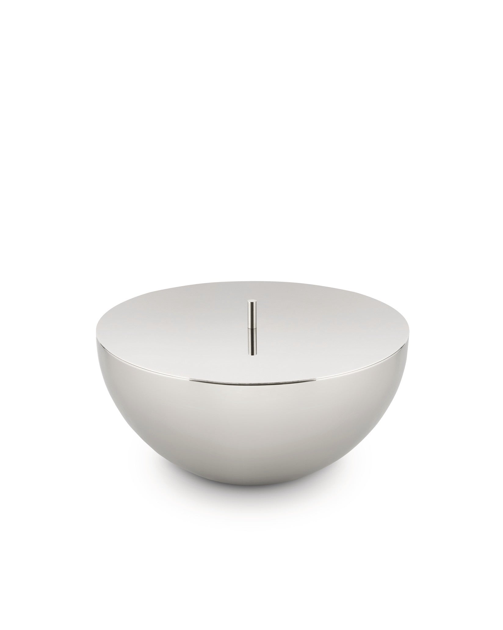 Silver Rocc container by Alessi with a flat top and vertical slot.