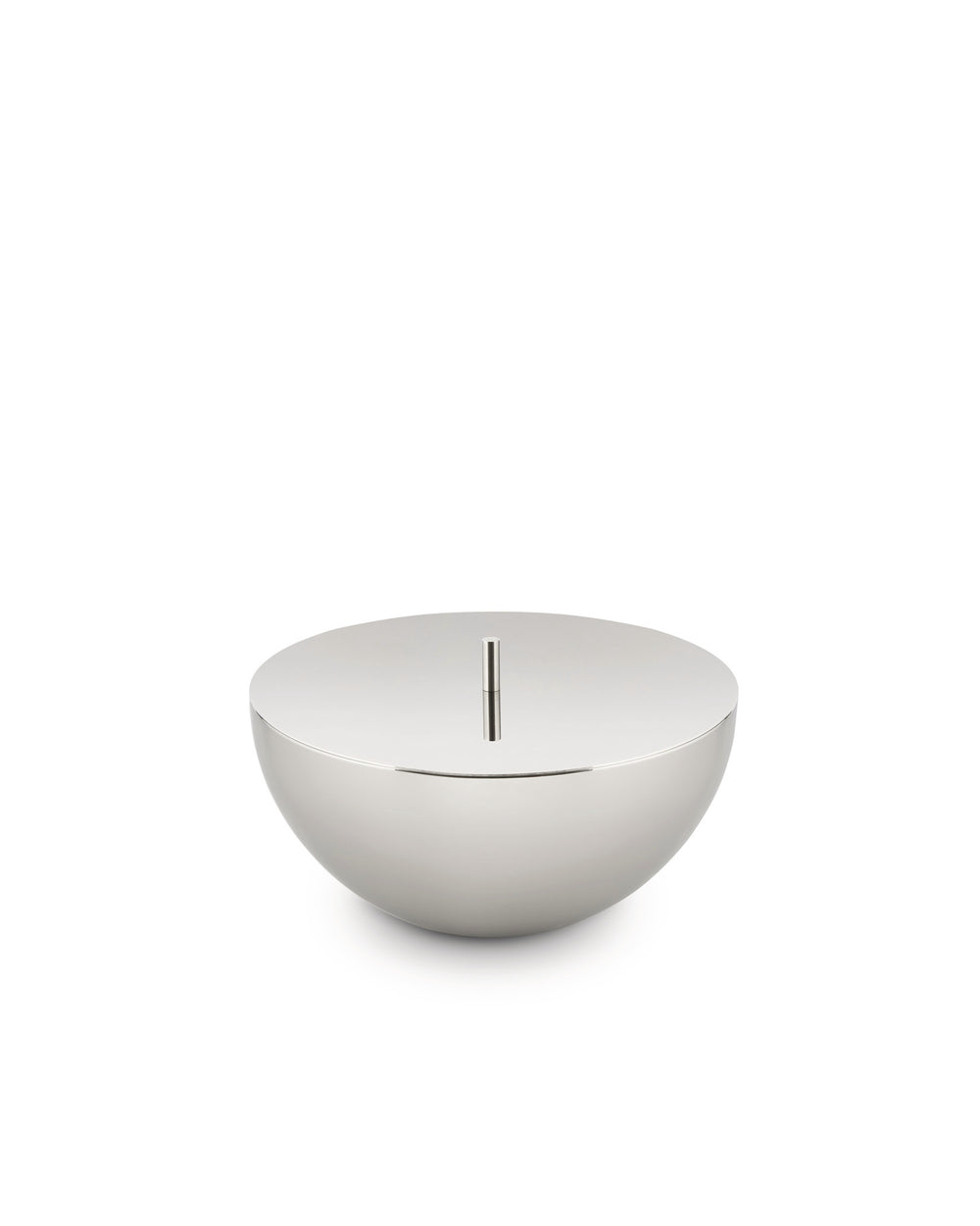 Silver metallic container by Alessi, with a flat top and a central vertical slot.