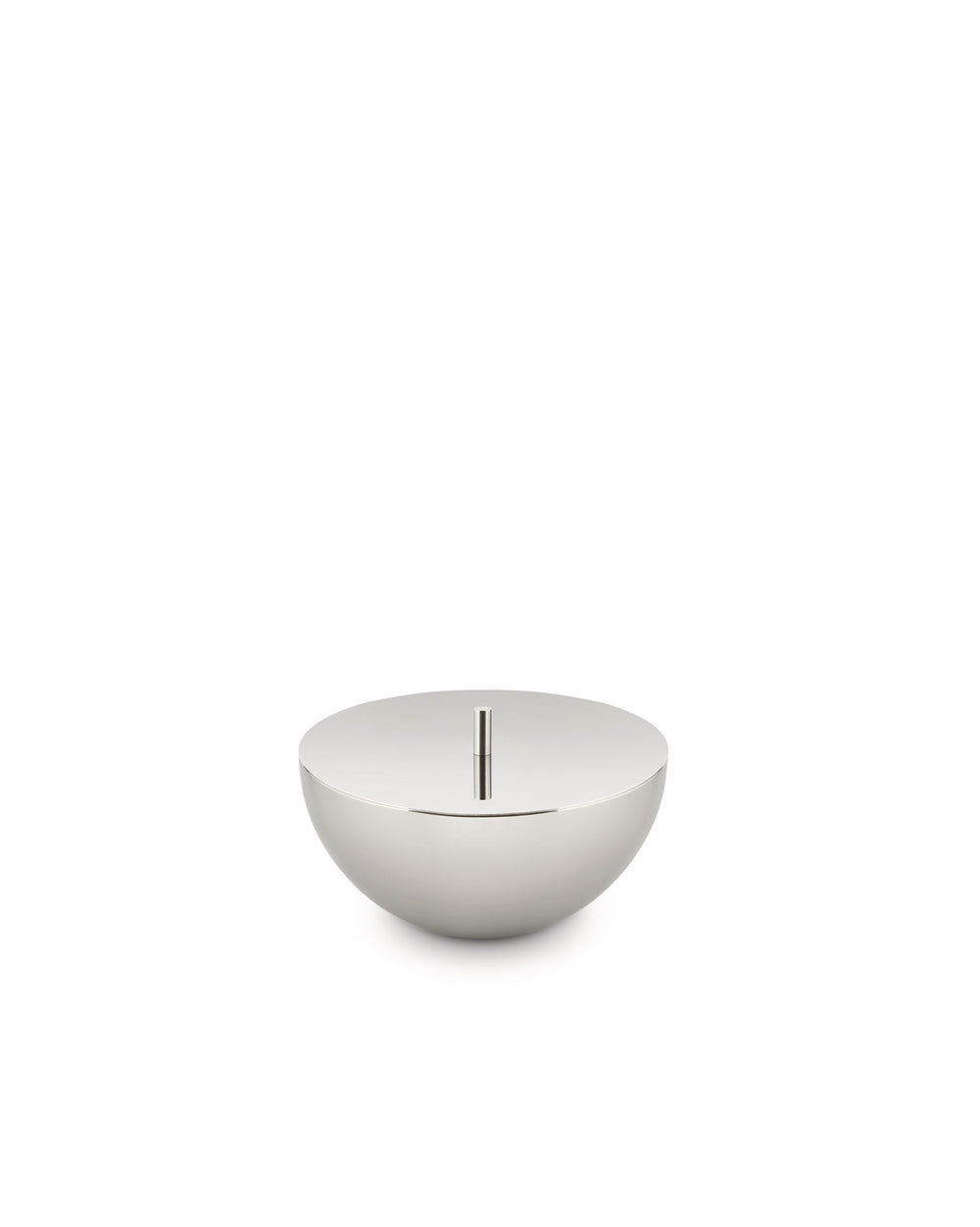 A polished silver container by Alessi with a flat top and a central vertical slot.