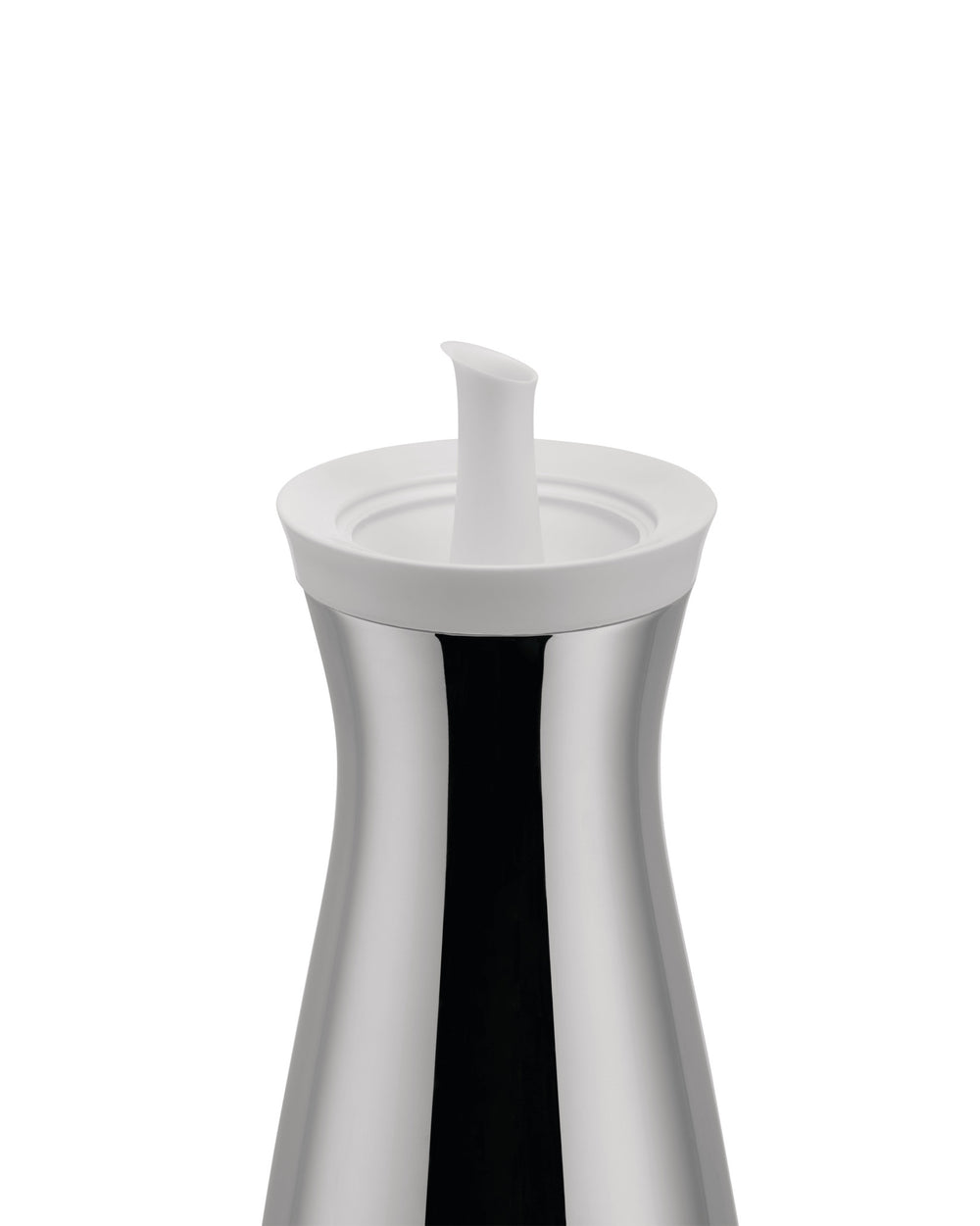 Silver oil cruet with a white lid and spout by Alessi, featuring a reflective, hourglass-shaped body, cropped view.