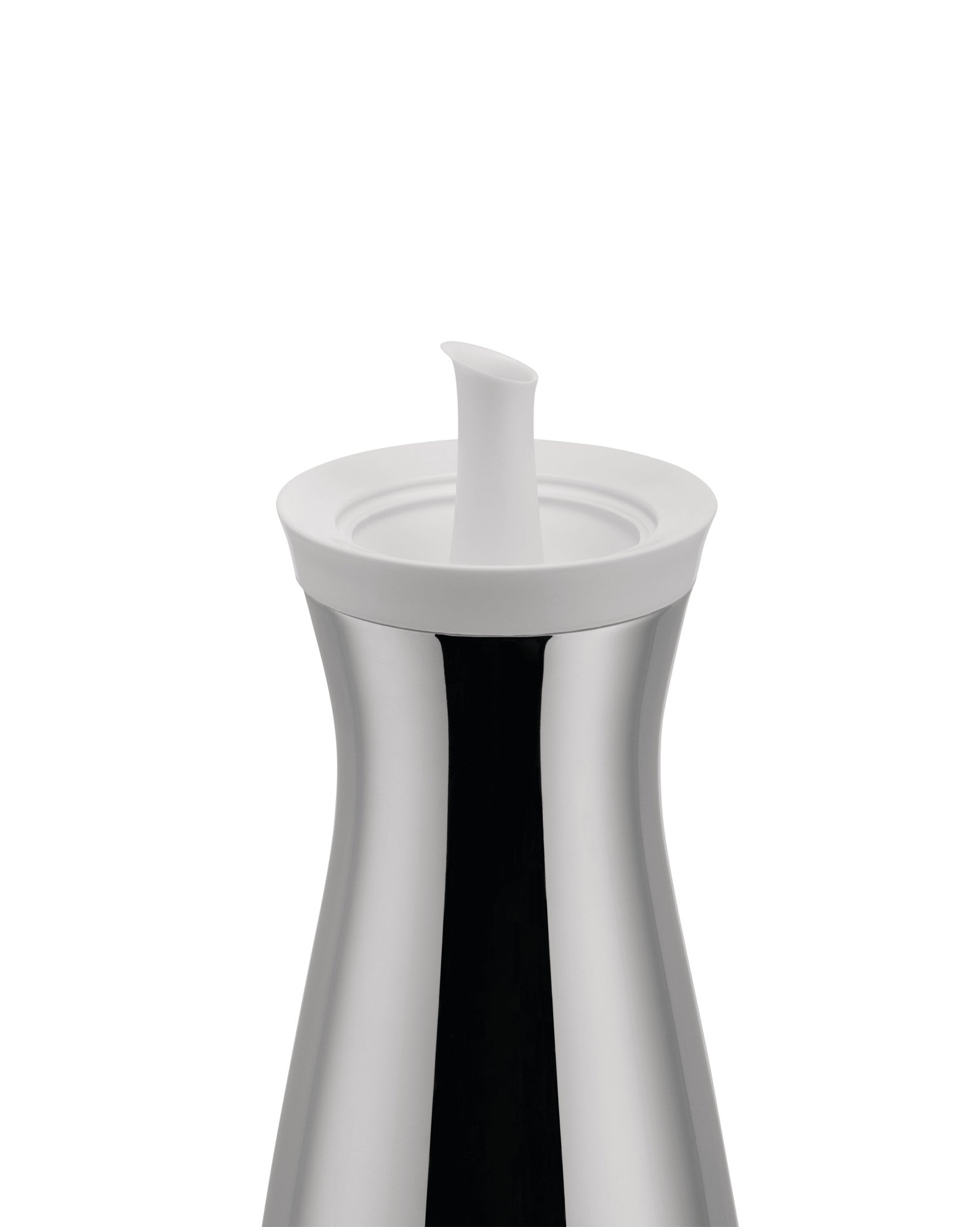 Silver oil cruet with a white lid and spout by Alessi, featuring a reflective, hourglass-shaped body, cropped view.