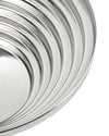 Silver metallic centerpiece bowl by Alessi featuring concentric curving ridges.