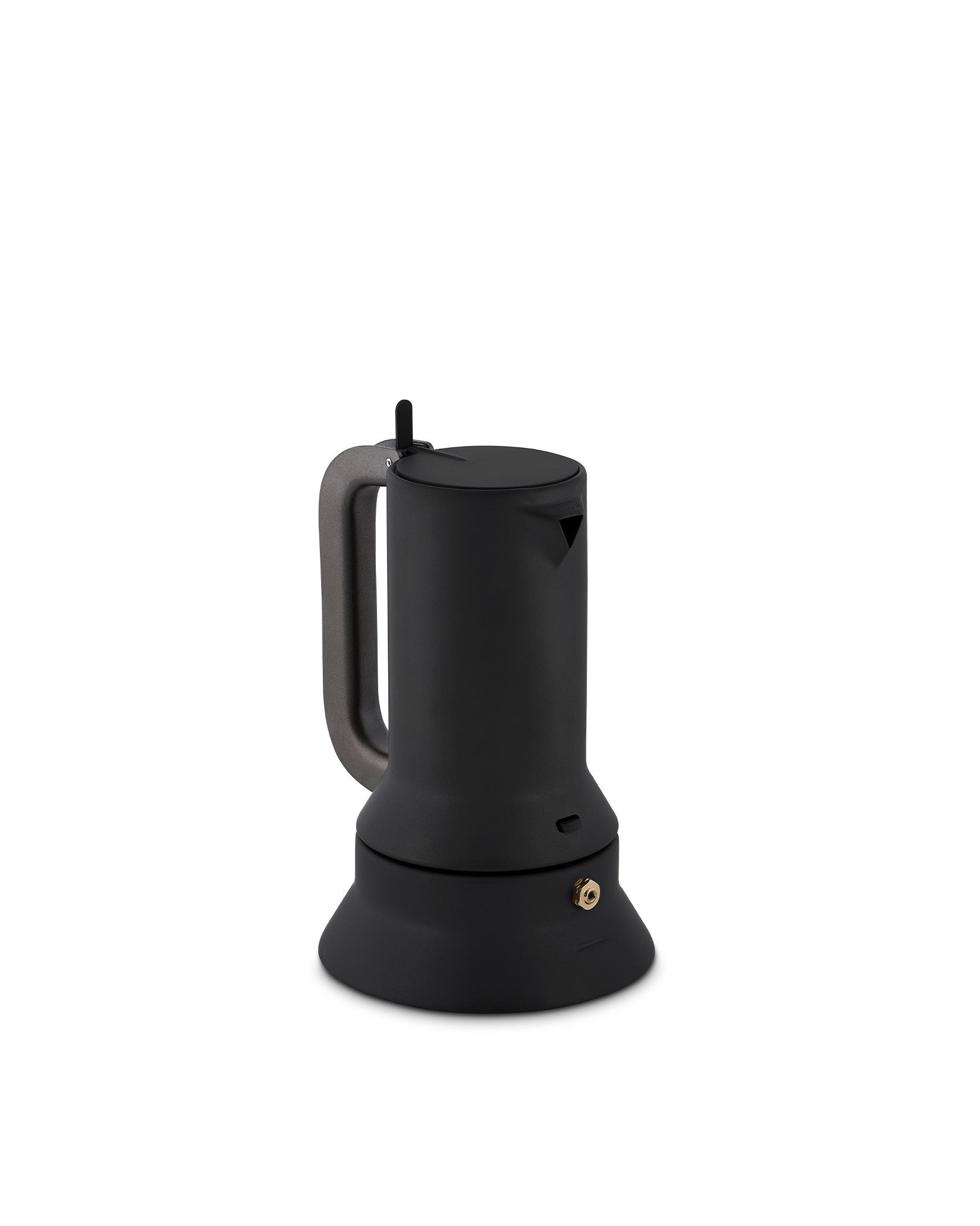 Black espresso coffee maker by Alessi, with a gray handle and a golden pressure valve.